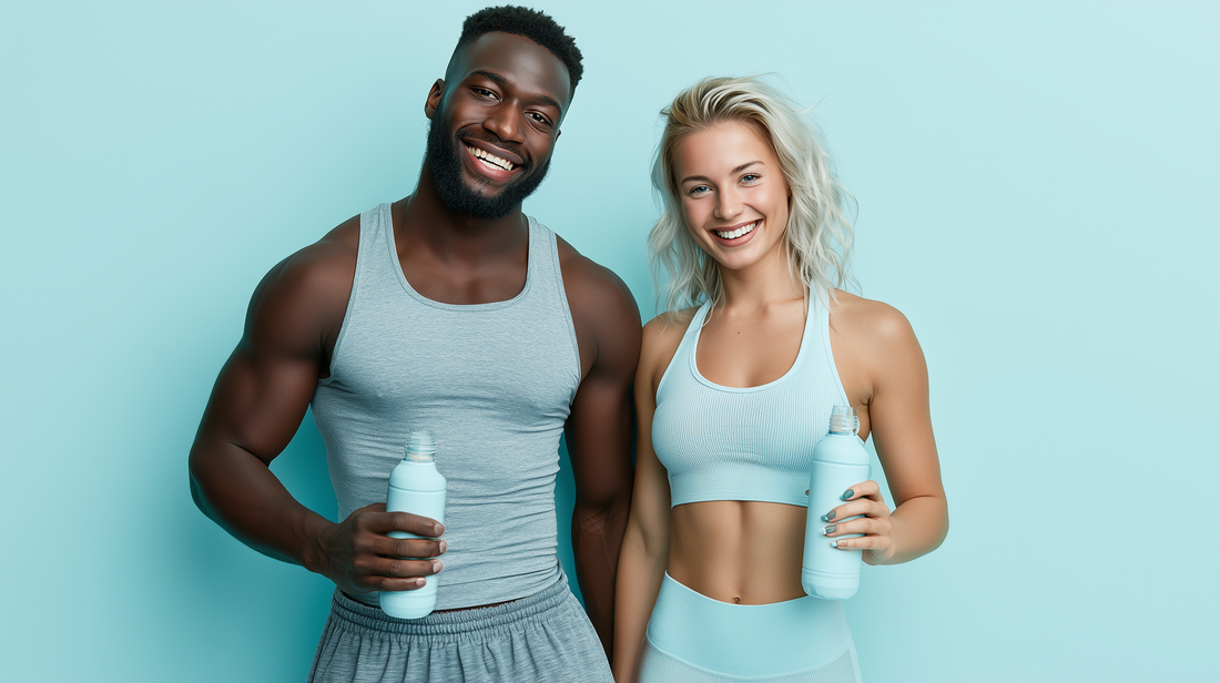 Man and woman in athletic wear holding supplement bottles