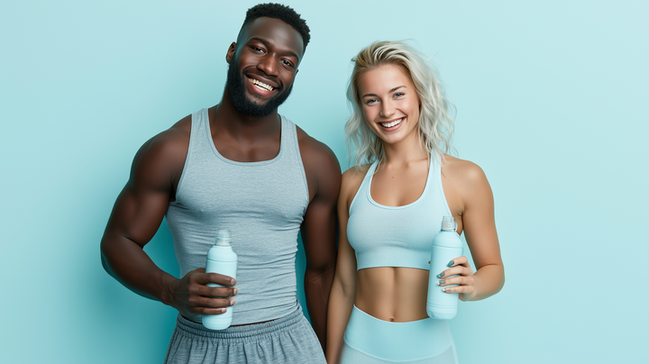 Man and woman in athletic wear holding supplement bottles