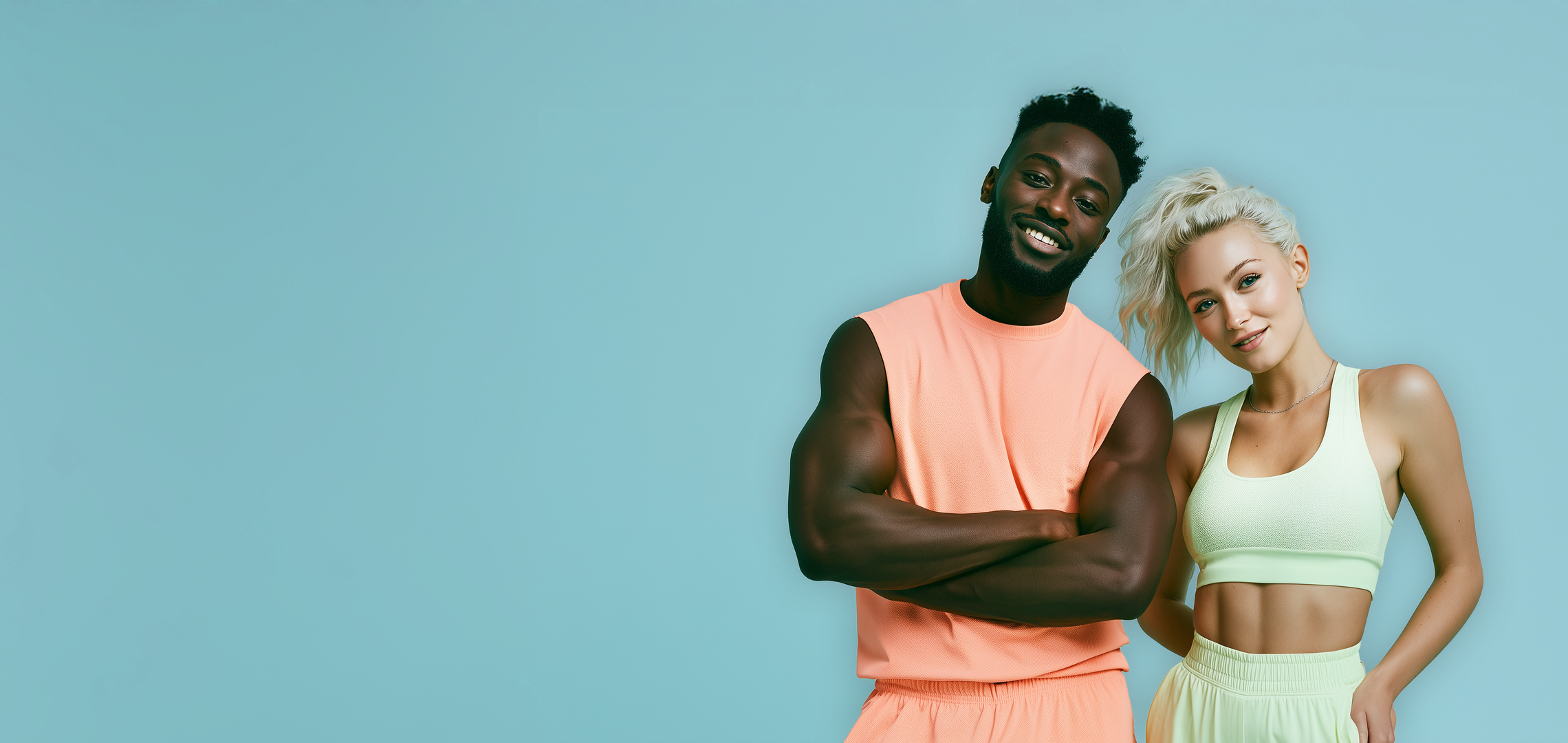 Smiling man and woman in pastel activewear