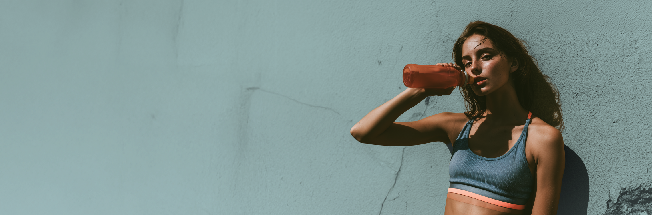 Woman drinking electrolytes against an aqua wall